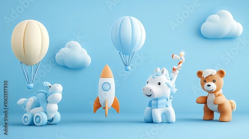 3D Vector Illustration of a Baby Boy Shower Set with Balloons and Toys