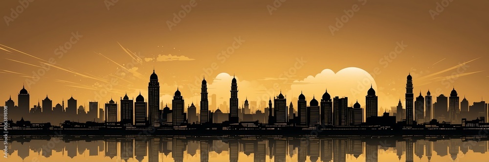 cityscape silhouette indian themed banner with gold backdrop. light blinds background cityscape silhouette indian themed banner with gold backdrop. light blinds background