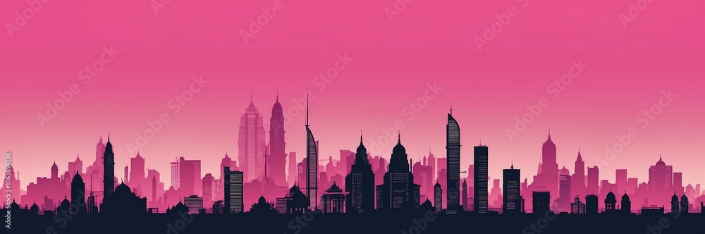 Fototapeta premium cityscape silhouette indian themed banner with pink backdrop. light blinds background