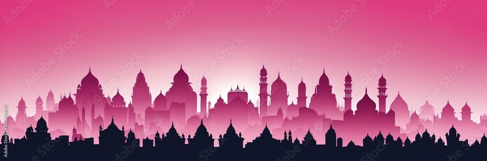 Fototapeta premium cityscape silhouette indian themed banner with pink backdrop. light blinds background