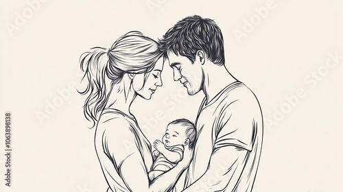 Happy Family: Parents Embracing Their Newborn in Line Art