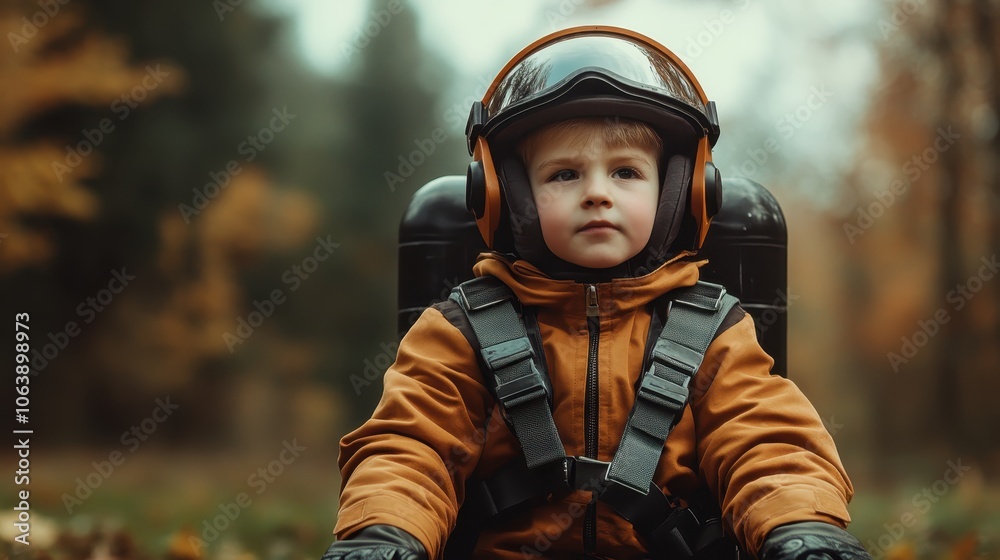 A child sitting calmly in an outdoor setting, dressed in an orange jacket and helmet, embodying the quiet excitement and courage of embarking on an adventure.