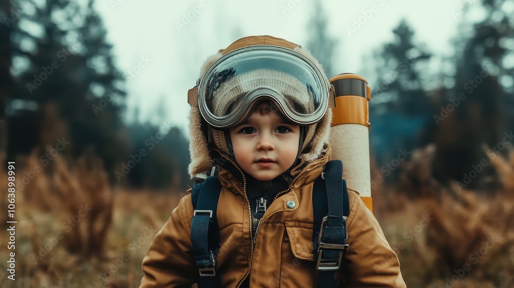 A child bundled in warm clothing, wearing an aviator hat and goggles, standing in an open field, ready for imaginative adventures under a winter sky.