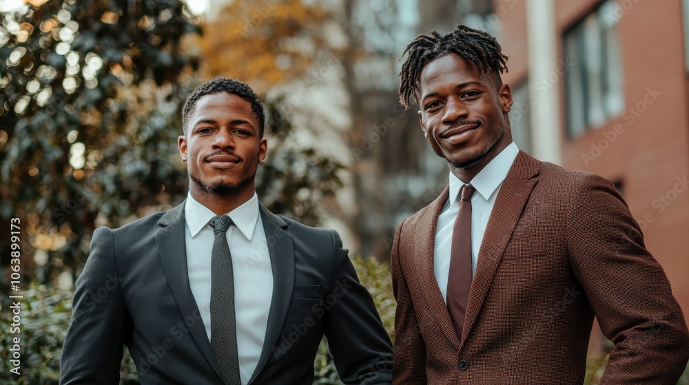Two confident men dressed in professional suits stand outdoors, embodying the essence of professionalism and success, surrounded by urban structures and nature. Two confident men dressed in professional suits stand outdoors, embodying the essence of professionalism and success, surrounded by urban structures and nature.