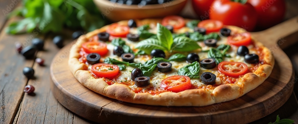 Delicious Vegetarian Pizza with Fresh Toppings on Rustic Wooden Board Delicious Vegetarian Pizza with Fresh Toppings on Rustic Wooden Board