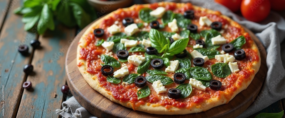 Delicious Vegetarian Pizza with Fresh Toppings on Rustic Wooden Board