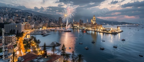 A breathtaking seaside cityscape at dusk with fireworks lighting the sky, offering a magical view of the harbor and bustling night life.