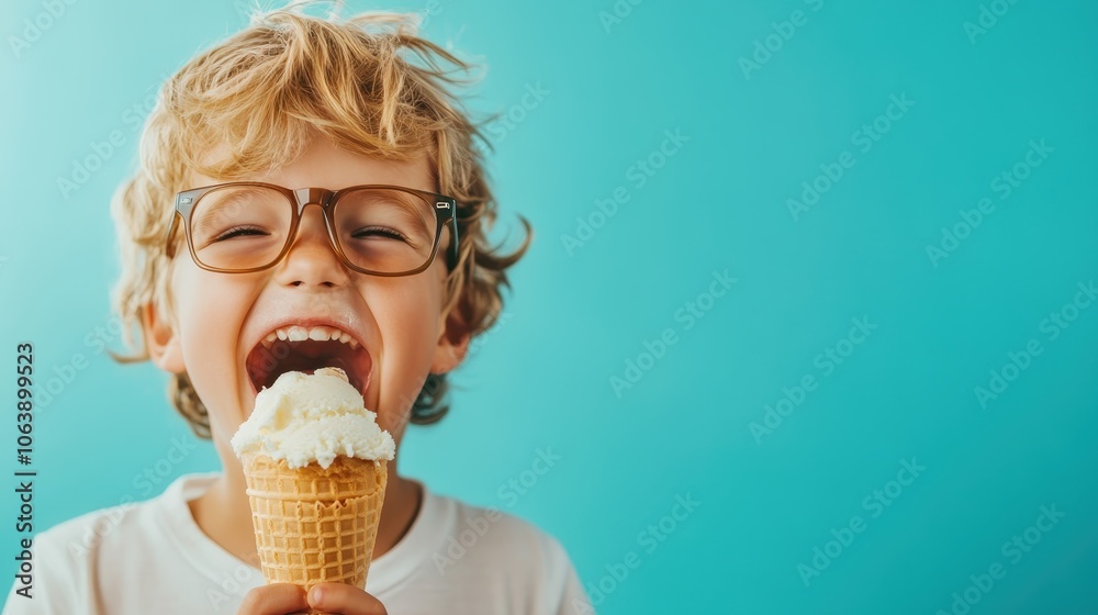 A child with glasses gleefully eats their ice cream cone against a vivid blue backdrop. This image encapsulates joy, playfulness, and a carefree spirit. A child with glasses gleefully eats their ice cream cone against a vivid blue backdrop. This image encapsulates joy, playfulness, and a carefree spirit.
