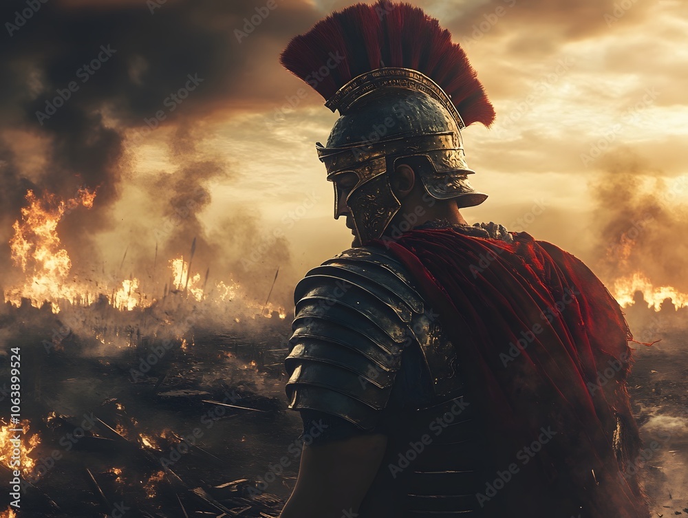 Dramatic Warrior Amidst Fiery Battlefield Dramatic Warrior Amidst Fiery Battlefield