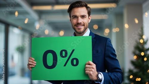 Businessman with 0% Sign: Perfect for Black Friday, Christmas, and New Year's Marketing Campaigns