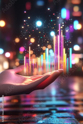 Wallpaper Mural Holographic financial chart rising above a hand in a vibrant neon-lit environment Torontodigital.ca