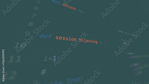 Cyber attack session hijacking text in foreground screen, hands of a anonymous hacker on a led keyboard. Vulnerability text in informatic system style, code on editor screen.