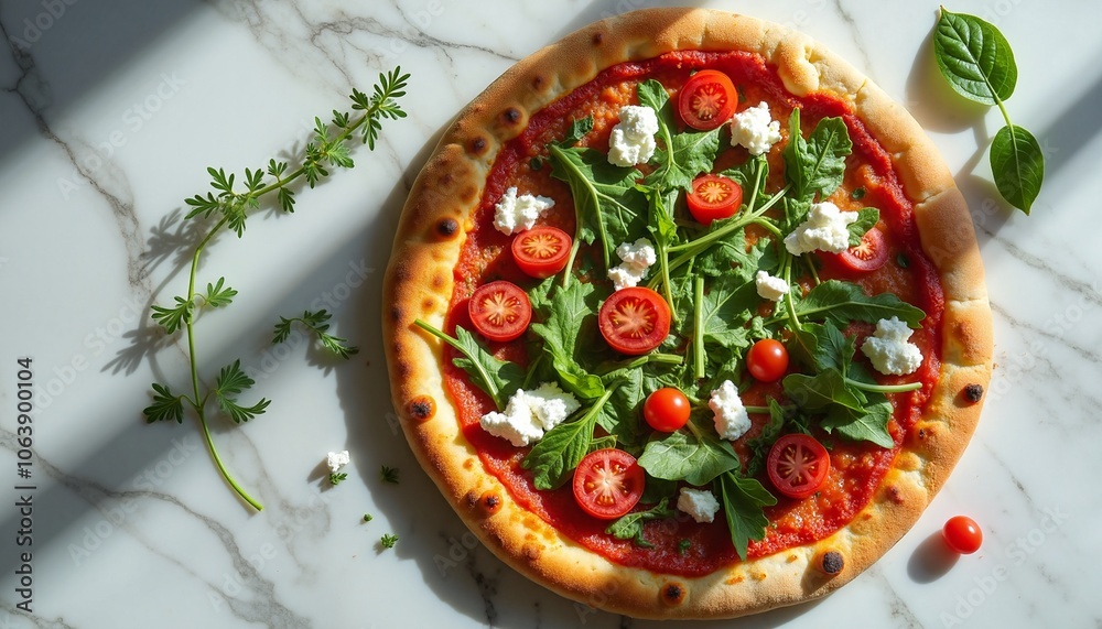 Fresh Vegetarian Pizza with Vibrant Toppings on Marble Background Fresh Vegetarian Pizza with Vibrant Toppings on Marble Background