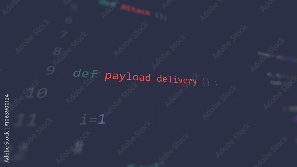 Naklejka premium Cyber attack payload delivery text in foreground screen, hands of a anonymous hacker on a led keyboard. Vulnerability text in informatic system style, code on editor screen.,English language