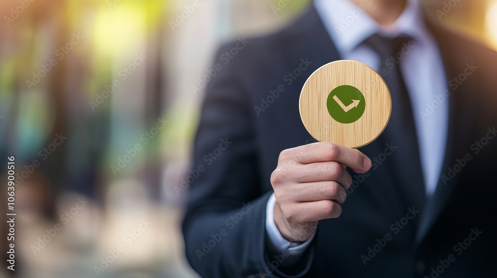 Close-up of a businessman holding a wooden watch with a green hand. Close-up of a businessman holding a wooden watch with a green hand.