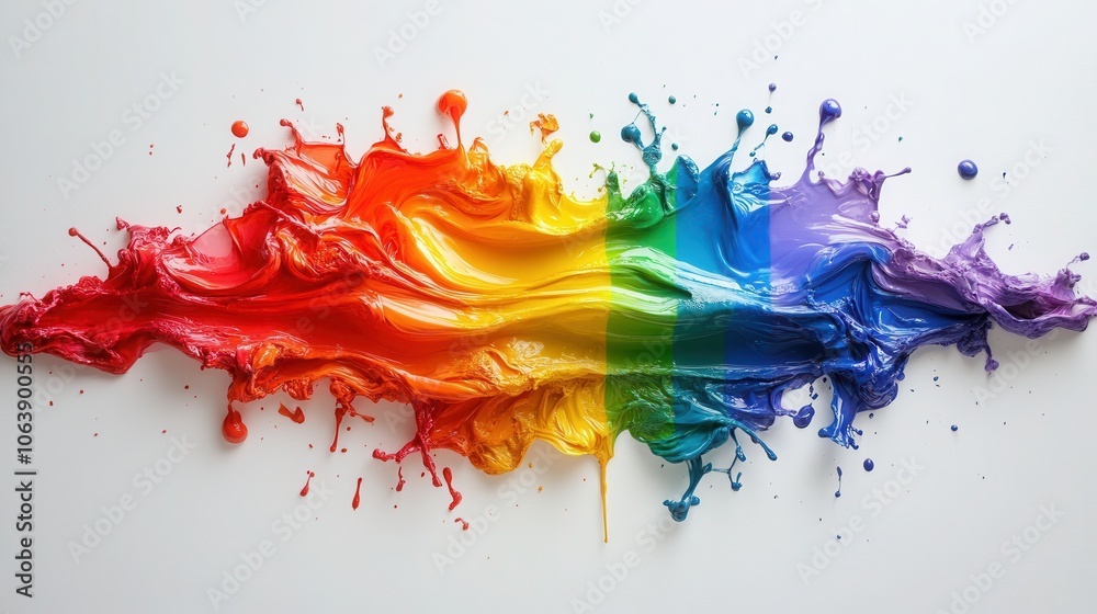 A vibrant splash of colored liquid creates an abstract representation of the LGBT flag on a white background A vibrant splash of colored liquid creates an abstract representation of the LGBT flag on a white background
