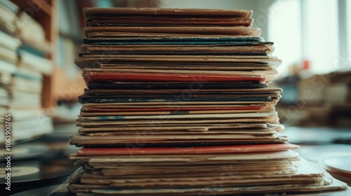 A tall stack of vintage vinyl records stands proudly in a vibrant record store, symbolizing the timeless allure and rich history embedded within analog music. photo