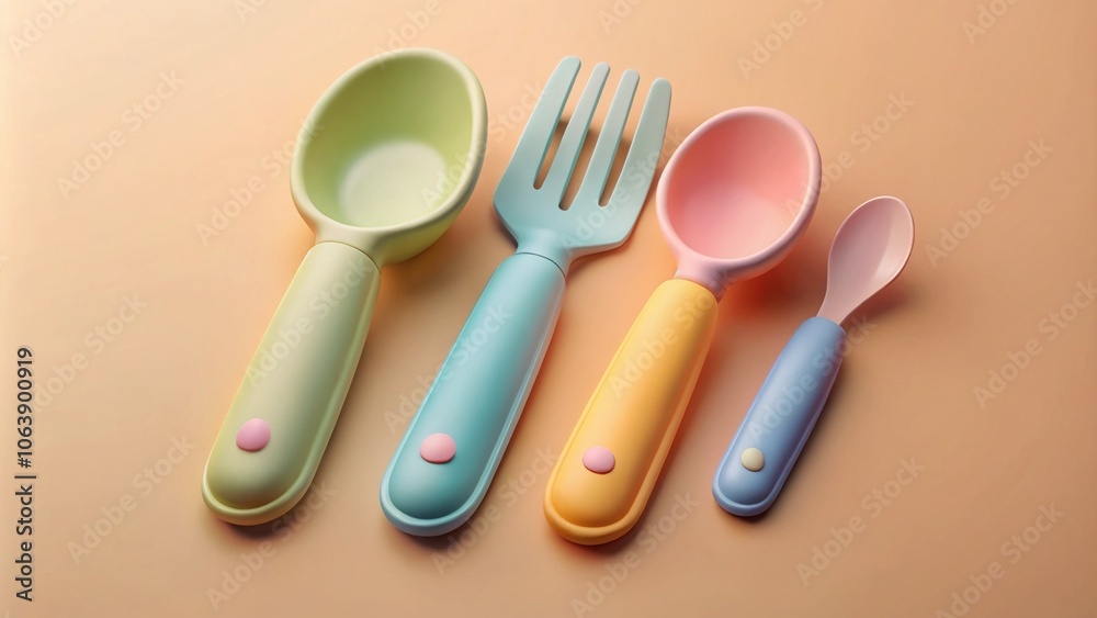 Fototapeta premium Cute and colorful children's spoons and fork set arranged on a soft pastel background