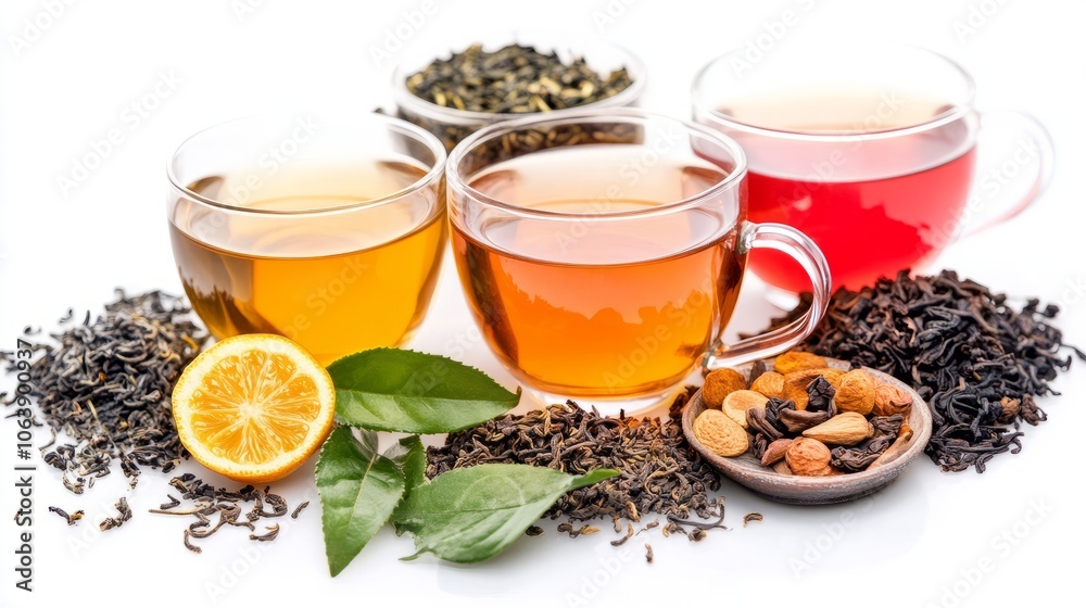Three glass cups of tea with dried tea leaves, a lemon slice Three glass cups of tea with dried tea leaves, a lemon slice