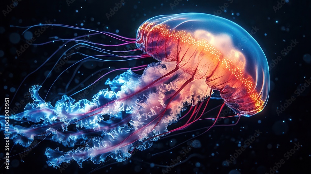 A mesmerizing jellyfish glows in the dark blue waters, showcasing multicolored tentacles and a captivating presence A mesmerizing jellyfish glows in the dark blue waters, showcasing multicolored tentacles and a captivating presence