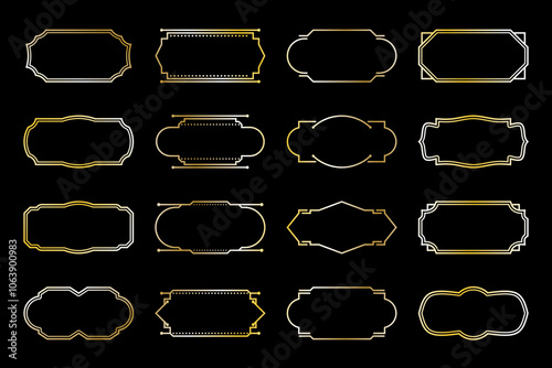 Thin geometric frame set. Collection of linear gold frame art deco style. Luxury gold borders for wedding invitation oval decoration