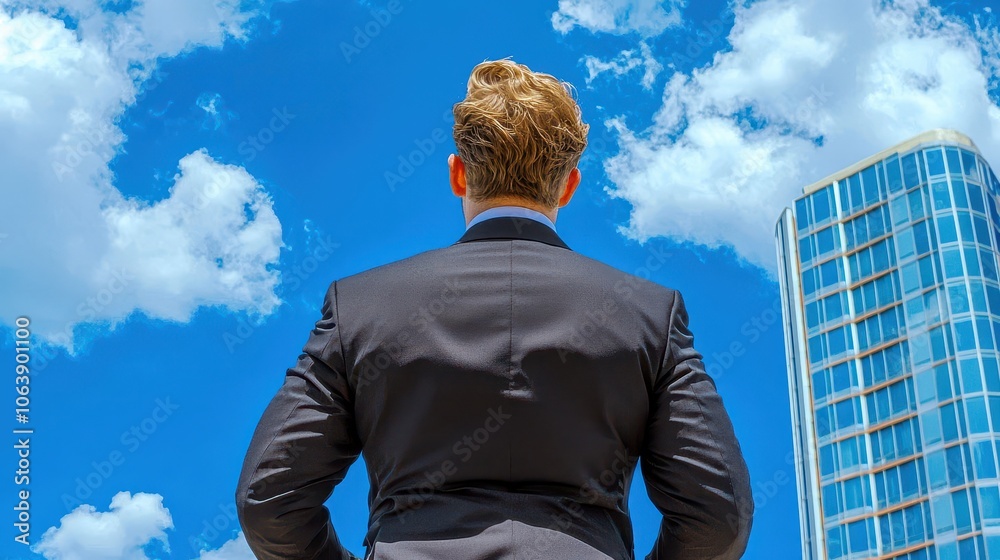 A business leader in suit observing skyscraper against bright blue sky with clouds. A business leader in suit observing skyscraper against bright blue sky with clouds.