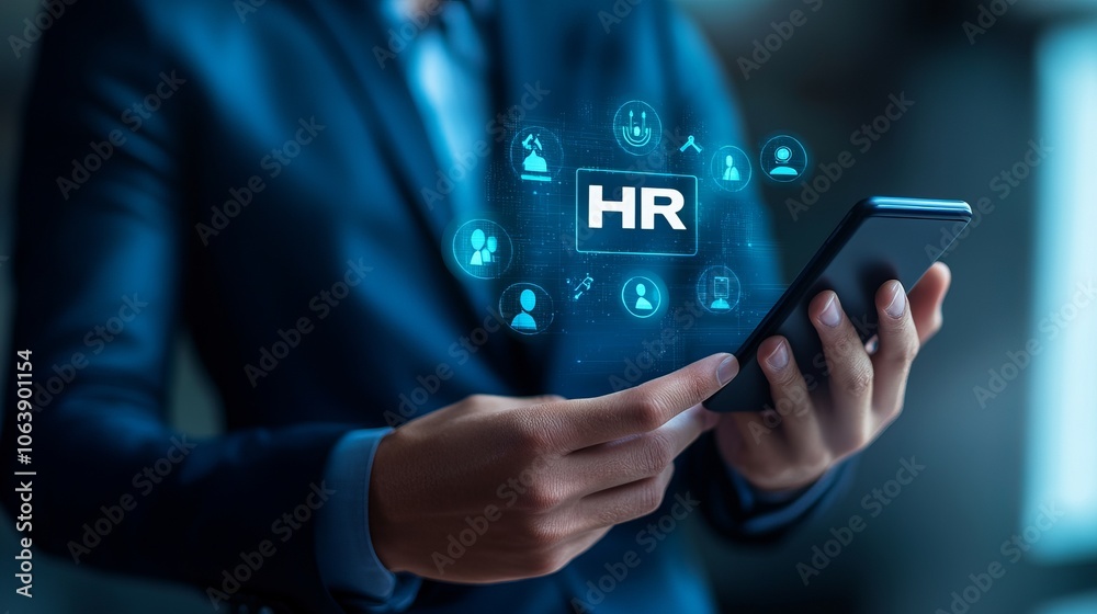 HR worker holding a device with HR functions HR worker holding a device with HR functions