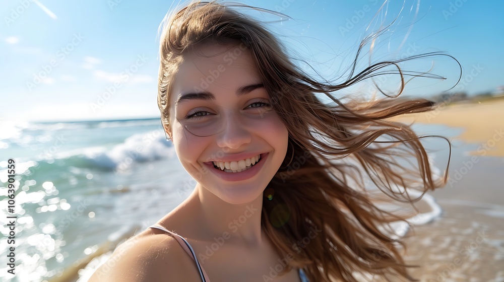 A smiling young woman with windswept hair taking a selfie on a sunny beach, with the ocean waves gently rolling in behind her, capturing a moment of joy and adventure. A smiling young woman with windswept hair taking a selfie on a sunny beach, with the ocean waves gently rolling in behind her, capturing a moment of joy and adventure.