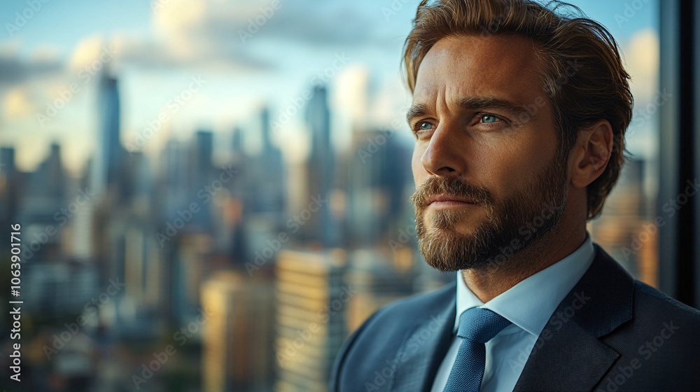 Fototapeta premium Confident Businessman Gazing at City Skyline from High-Rise Office