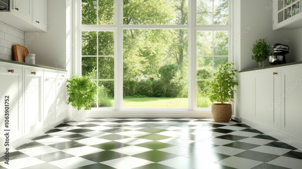 A bright kitchen featuring a classic black and white checkered floor, with large windows showcasing a lush garden view and potted plants on the floor. A bright kitchen featuring a classic black and white checkered floor, with large windows showcasing a lush garden view and potted plants on the floor.