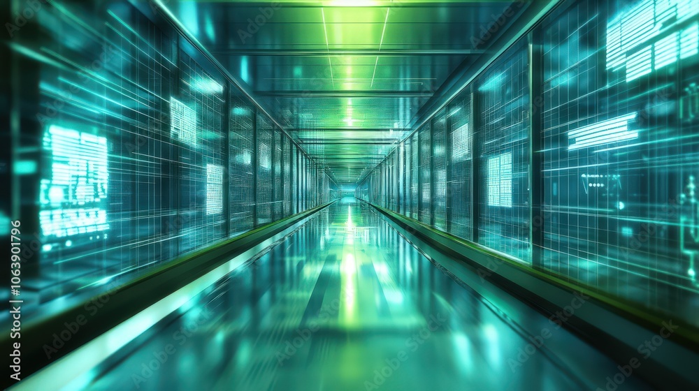 Futuristic corridor with glowing lights and reflections for technology Futuristic corridor with glowing lights and reflections for technology