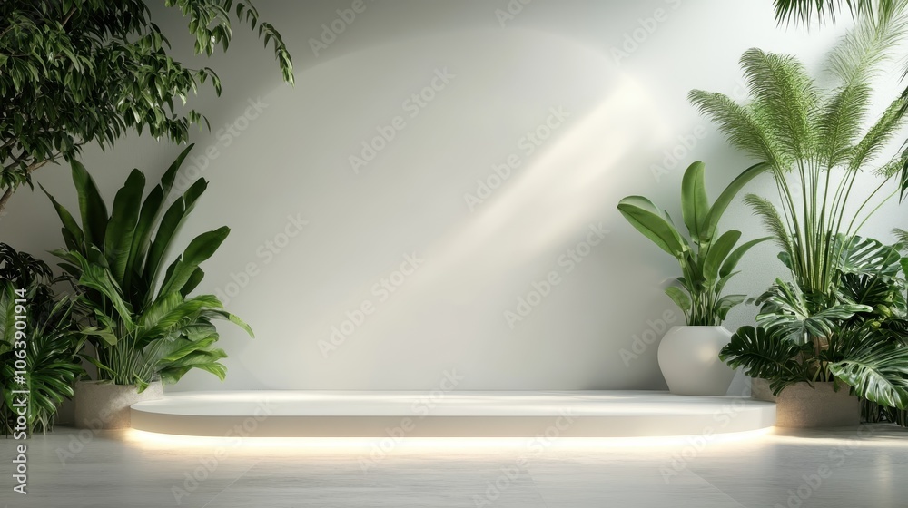 An indoor garden setting with bright LED lighting illuminating the smooth platform and surrounded by diverse tropical plants and a soft, ambient environment.