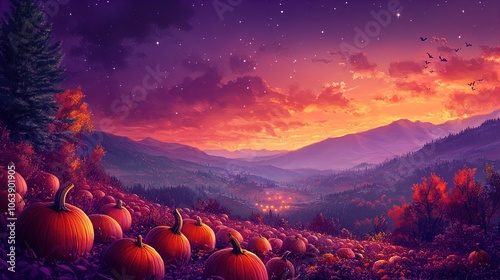 The scene captures a serene autumn landscape at dusk, where vibrant orange pumpkins populate a sprawling field. The pumpkins are round and varied in size, dotted across the foreground amidst vivid fol