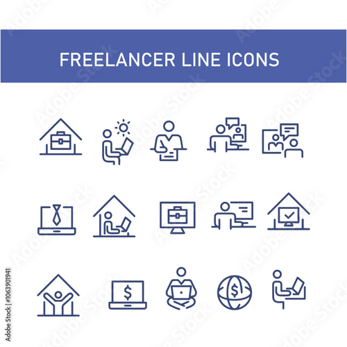 set of remote work icon vector line design , freelancer icon