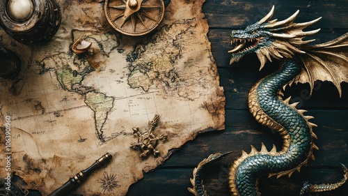 A detailed antique map alongside a decorative dragon figurine on a wooden table