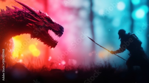 In a vibrant, colorful setting, a warrior faces a dragon silhouette. The imagery is artistic, capturing motion and mythic grandeur, set in a magical forest. photo