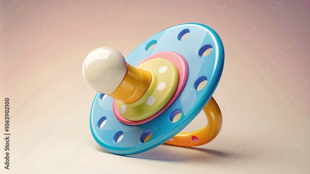 Colorful baby pacifier with a playful design, placed on a soft pastel background Colorful baby pacifier with a playful design, placed on a soft pastel background