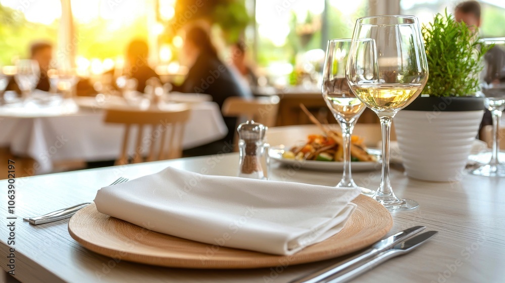 Elegant dining setup with white napkin, wine glasses, and a delicious meal in a bright restaurant atmosphere. Elegant dining setup with white napkin, wine glasses, and a delicious meal in a bright restaurant atmosphere.