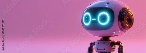 Mirror body robot toy with LED head in standing pose against a light purple background mockup, mock up, template, empty, for text, place, copyspace, copy space photo