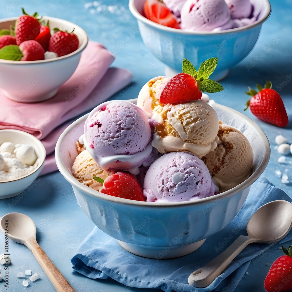 Delicious Ice cream scoops in a bowl decorated with fresh strawberries Delicious Ice cream scoops in a bowl decorated with fresh strawberries