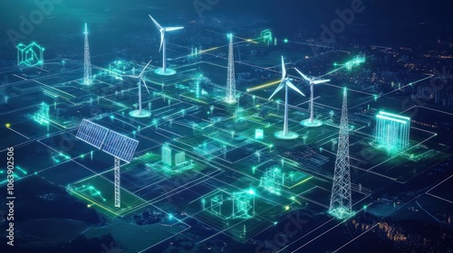 Futuristic energy grid with renewable sources, AI management, and smart infrastructure