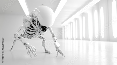 A sleek, futuristic alien-robot hybrid with a skeletal structure is prowling in a bright, modern sci-fi environment, embodying a blend of technology and biology. photo