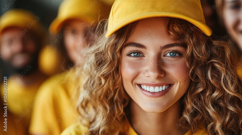 A cheerful young woman with a vibrant smile and bright blue eyes, wearing a yellow cap and shirt, radiating confidence and warmth in a lively group setting. A cheerful young woman with a vibrant smile and bright blue eyes, wearing a yellow cap and shirt, radiating confidence and warmth in a lively group setting.