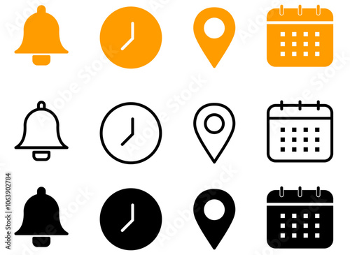 Time, date and address line icon set. Date, time, and location address icon set for streamlined event and info designs. Date, time and address icon set. Vector Illustration.