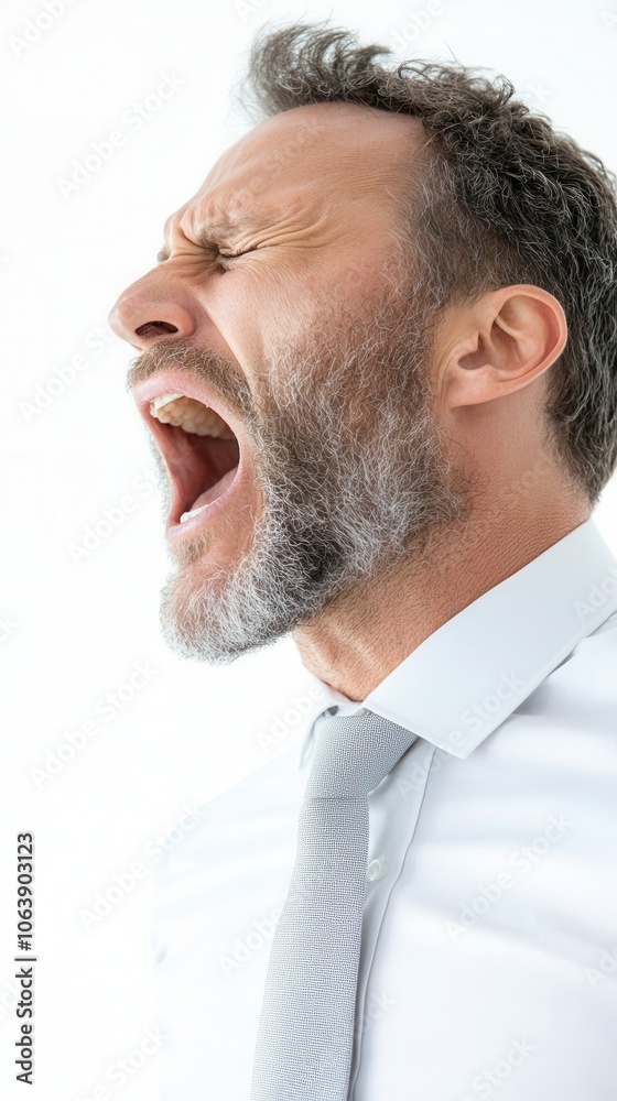 Fototapeta premium Office worker expressing intense frustration while shouting against a white background during a stressful moment in the workplace