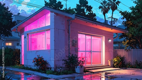 anime style house exterior retro neon theme background photo