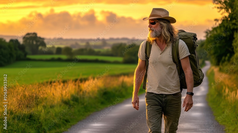 A man walking on a countryside road at sunset, showcasing adventure and tranquility in nature. A man walking on a countryside road at sunset, showcasing adventure and tranquility in nature.