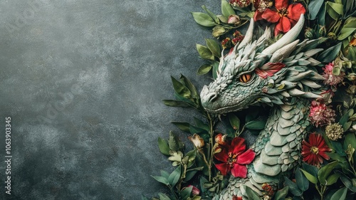 A detailed green dragon surrounded by vibrant flowers in a mystical arrangement photo