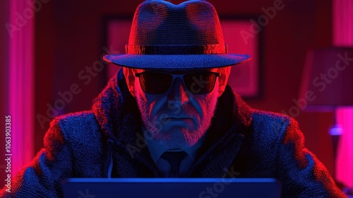 Investigate the methods of click fraud in online advertising and its impact on businesses, A mysterious figure in a hat and sunglasses, immersed photo