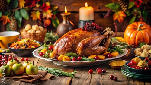 Thanksgiving Day Festive table setting cozy meal family together holiday blessings pumpkin pie harvest celebration joyful Thanksgiving evening warmth